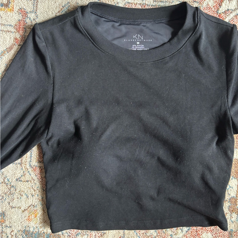 Klassy Network Ribbed Long Sleeve Brami Crop (built in bra crop top)
